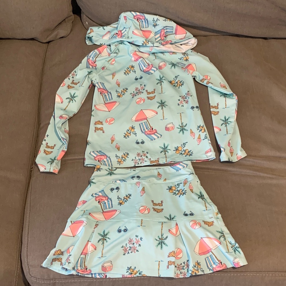 Reel Legends Girls Aqua Beach Print Rash Guard Set